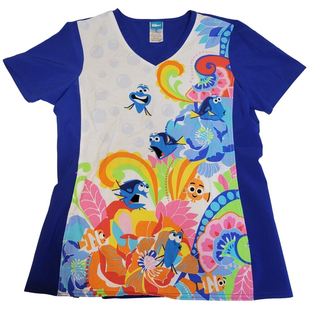 Cherokee Tooniforms Small Finding Dory Print V-Neck Scrub Top Nursing Nemo GUC
